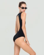 open scale one piece swimsuit with metal clutch